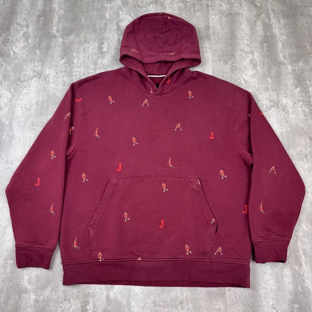 Air Jordan Basketball Hoodie Mens Large Red AOP Pullover Sports Sweatshirt Y2K